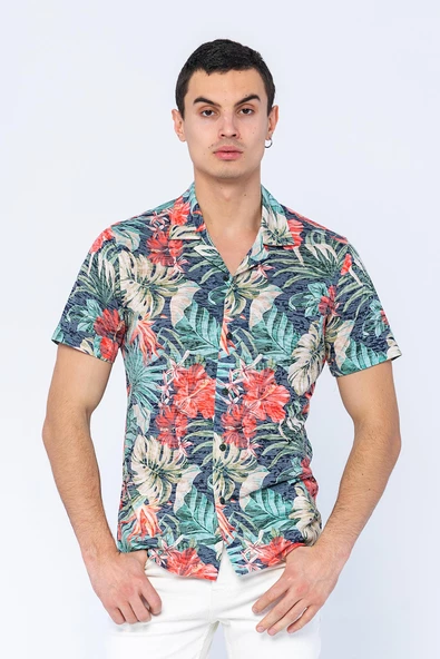 Erkek Fit Apaj Yaka Yandan Yırtmaçlı Kumaş Baskılı Rahat Gömlek - 2