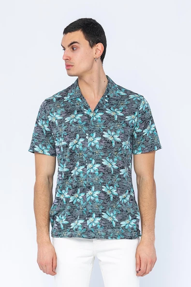 Erkek Fit Apaj Yaka Yandan Yırtmaçlı Kumaş Baskılı Rahat Gömlek - 10