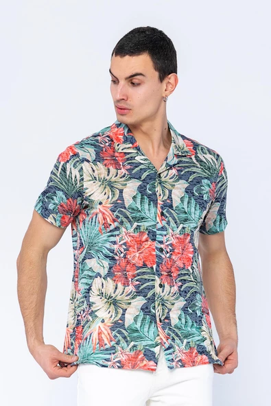 Erkek Fit Apaj Yaka Yandan Yırtmaçlı Kumaş Baskılı Rahat Gömlek - 4