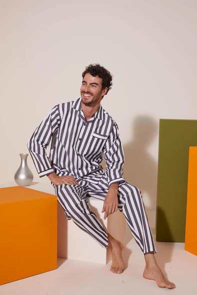 4007 Erkek Apaj Yaka Önden Düğmeli Gaffur Pijama Takım - 3