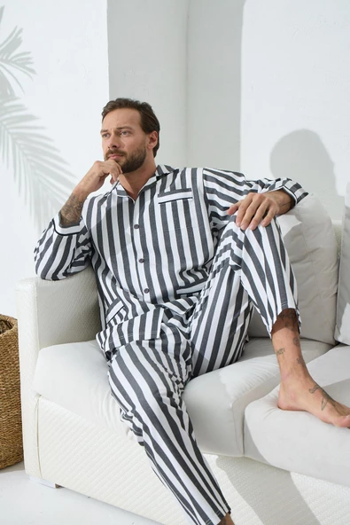 4007 Erkek Apaj Yaka Önden Düğmeli Gaffur Pijama Takım - 4