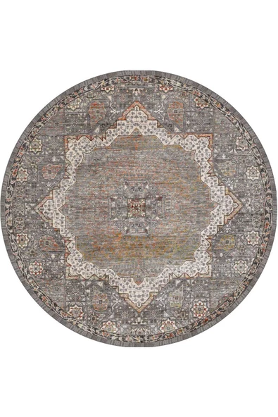 Vintage Desenli Pamuk Taban Dekoratif Yuvarlak Halı  GRİ 160X160
