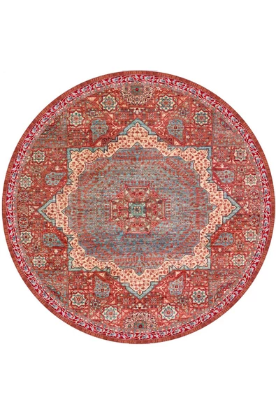 Vintage Desenli Pamuk Taban Dekoratif Yuvarlak Halı  KIRMIZI 140x140