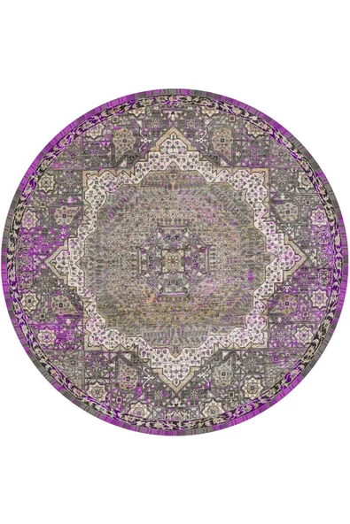 Vintage Desenli Pamuk Taban Dekoratif Yuvarlak Halı  FUŞYA 140x140