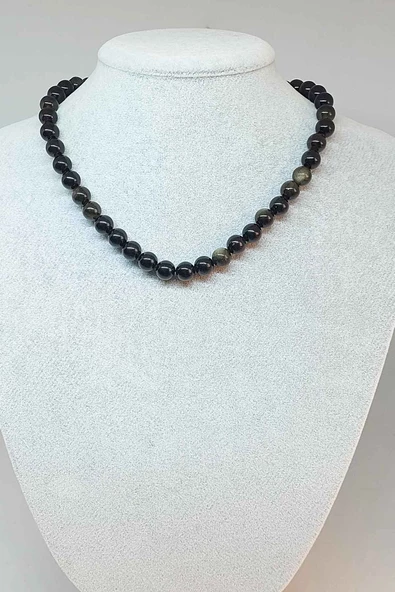 Golden & Siyah Obsidyen Taşı Kolye 8mm (Klipsli)