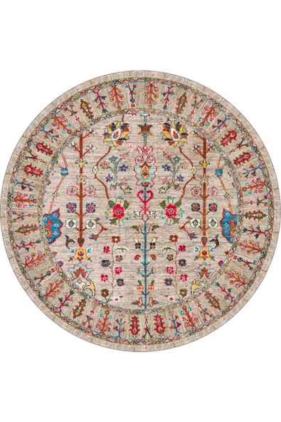 Kilim Desenli Pamuk Taban Dijital Baskılı Yuvarlak Halı  VİZON 140x140