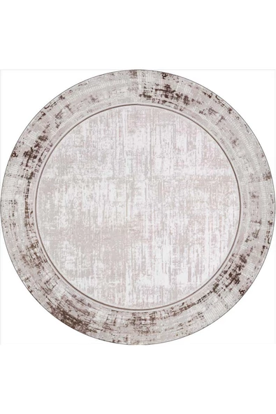 Çerçeveli Pamuk Taban Dijital Baskılı Dekoratif Yuvarlak Halı  KREM 160X160