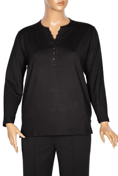 Cimariva Kadın Dicle Büyük Beden V Yaka Dantelli Siyah Bluz