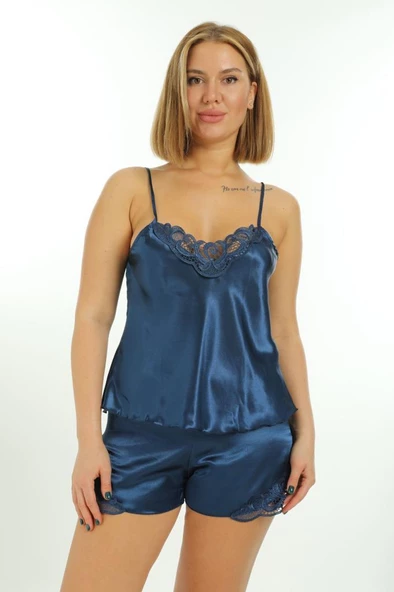 Sistina Bayan Lacivert Saten Askılı Atlet Şort Gecelik Takımı 259 - Resim 10