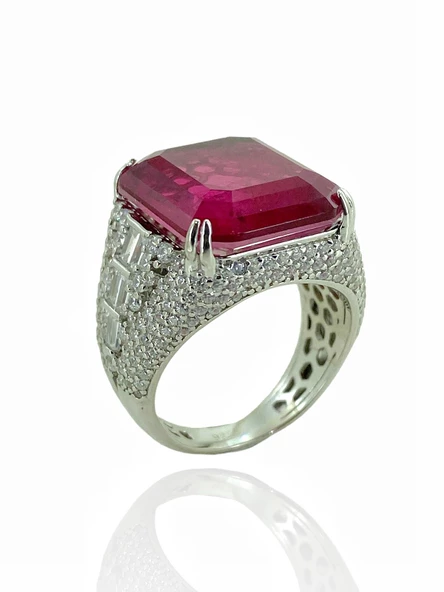 Vip Kalite Baget Yakut Taş Gösterişli 925 Ayar Gümüş Yüzük - 3