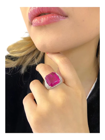 Vip Kalite Baget Yakut Taş Gösterişli 925 Ayar Gümüş Yüzük - 4