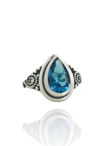 925 Ayar Gümüş Damla Mavi Topaz Otantik Yüzük - Resim 3