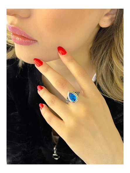 925 Ayar Gümüş Damla Mavi Topaz Otantik Yüzük ürün görseli