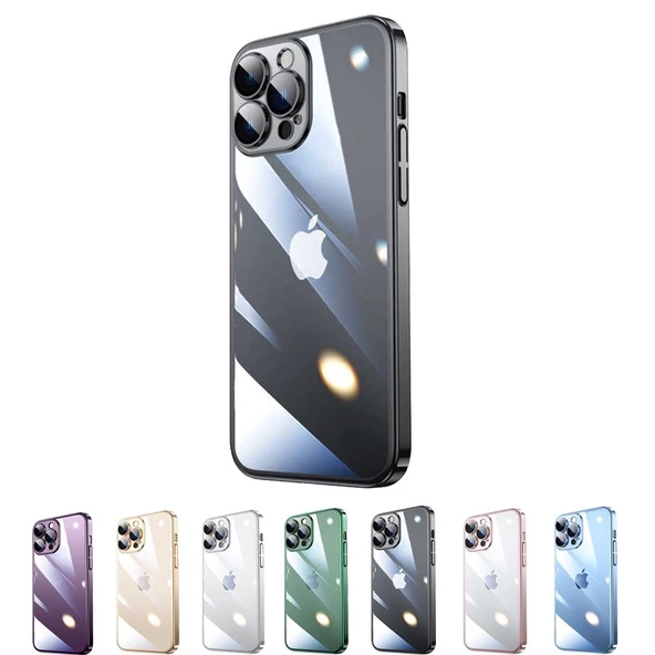 İphone 13 Pro Max Darbe Emici Şeffaf Kenarları Renkli Sert Lazer Lensli Kılıf - 7