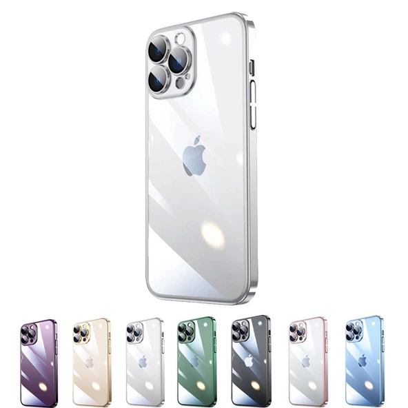 İphone 13 Pro Darbe Emici Şeffaf Kenarları Renkli Sert Lazer Lensli Kılıf - 8