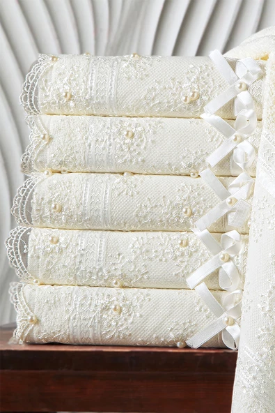 Louis Marie | 50x90 cm | Güpür ve Boncuk Detaylı | %100 Pamuk | Pudra | 6 Adet | El Yüz Havlu Seti - 7