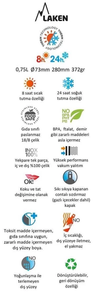 Laken Çelik 18/8 Classic Termos Şişe 0,75L - Sarı LKTA7Y - Resim 2