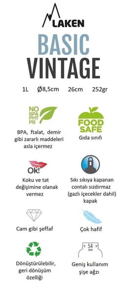 Laken Çelik 18/8 Vintage Basic Şişe 1L - Siyah LKBSH100NE - Resim 2