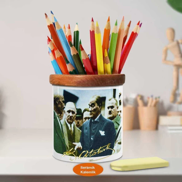 Düşünen Gazi Mustafa Kemal Atatürk Ahşap Seramik Kalemlik -r67 - 1