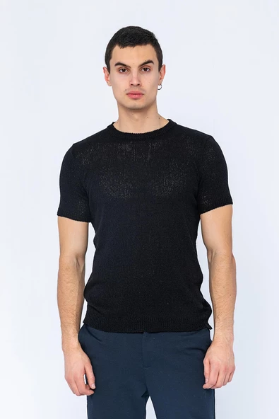 Erkek Bisiklet Yaka Regular Fit Dar ve Kısa Kollu Pamuklu Triko Örme T-Shirt - 2