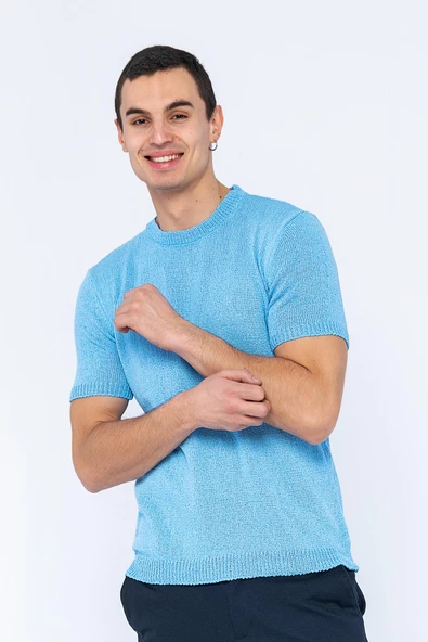 Erkek Bisiklet Yaka Regular Fit Dar ve Kısa Kollu Pamuklu Triko Örme T-Shirt - 9
