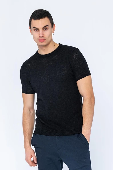 Erkek Bisiklet Yaka Regular Fit Dar ve Kısa Kollu Pamuklu Triko Örme T-Shirt - 5