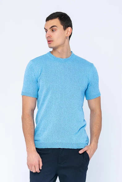 Erkek Bisiklet Yaka Regular Fit Dar ve Kısa Kollu Pamuklu Triko Örme T-Shirt - 8