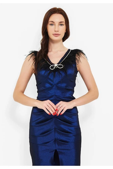 Modatalika  Kadın Önden Büzgülü Yırtmaçlı Elbise - Resim 2