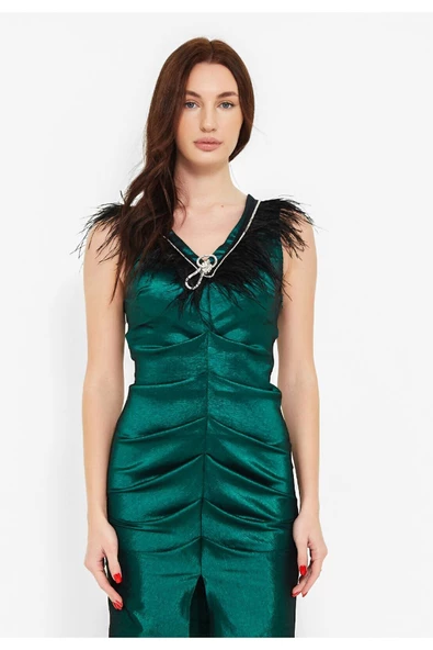 Modatalika  Kadın Önden Büzgülü Yırtmaçlı Elbise - Resim 5