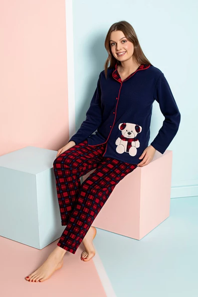 Nisanca Kışlık Kadın Gömlek Polar Pijama Takımı- Kadın Düğmeli Polar Pijama Takımı - Resim 2