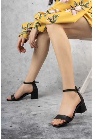 Minos Siyah Deri Tek Bant Kadın Kısa Topuklu Ayakkabı - 2