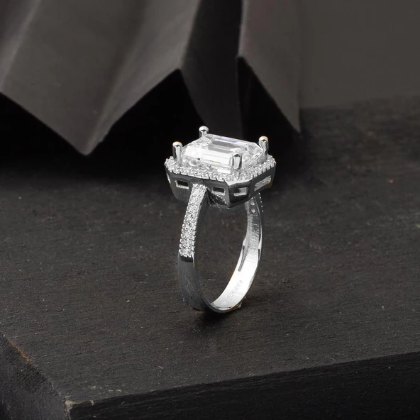 14 Ayar Beyaz Altın Baget Yüzük - Resim 3