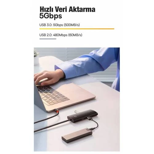 BASEUS 4İN1 USB Çoğaltıcı 4 Portlu USB to USB 3.0 HUB Adaptör Çoklayıcı 25cm 5Gbps İletim - 4