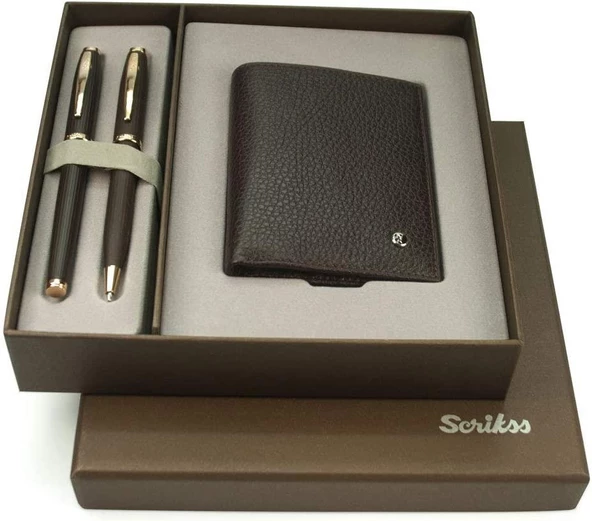 Scrikss DR 242 - Hediyelik Set Dolmakalem - Tükenmezkalem 39 Oscar Rose Gold - Kahverengi & Comfort Cüzdan Kahverengi - 2