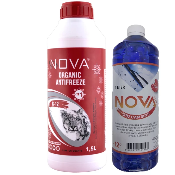 Nova -25 Derece Organik Kırmızı G12 Antifriz 1.5 Litre + Cam Suyu 1L