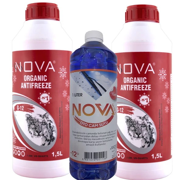 Nova -25 Derece Organik Kırmızı Antifriz 2 x 1.5, Toplam 3 Litre + Cam Suyu