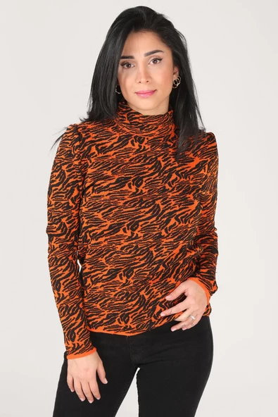 Kadın Dik Yaka Zebra Desen Kazak Turuncu