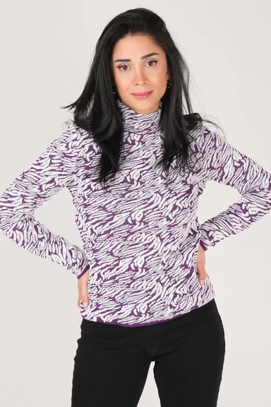 Kadın Dik Yaka Zebra Desen Kazak Mor - Resim 2