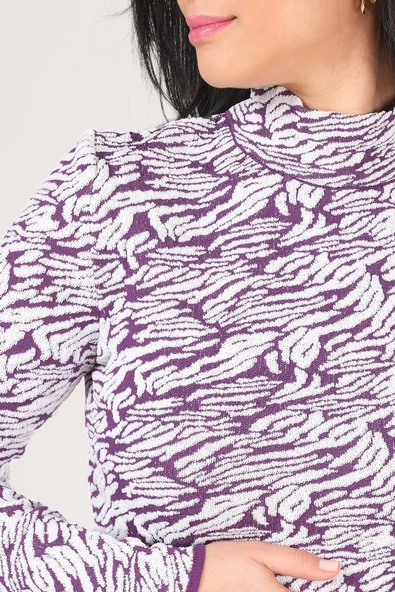 Kadın Dik Yaka Zebra Desen Kazak Mor - Resim 6