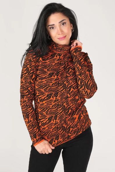 Kadın Dik Yaka Zebra Desen Kazak Turuncu - 3