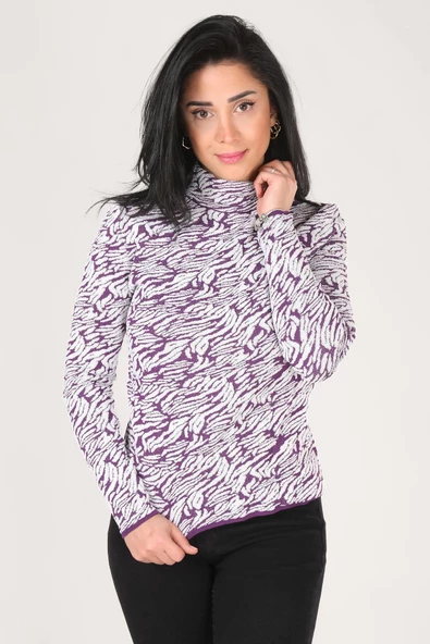 Kadın Dik Yaka Zebra Desen Kazak Mor - Resim 4