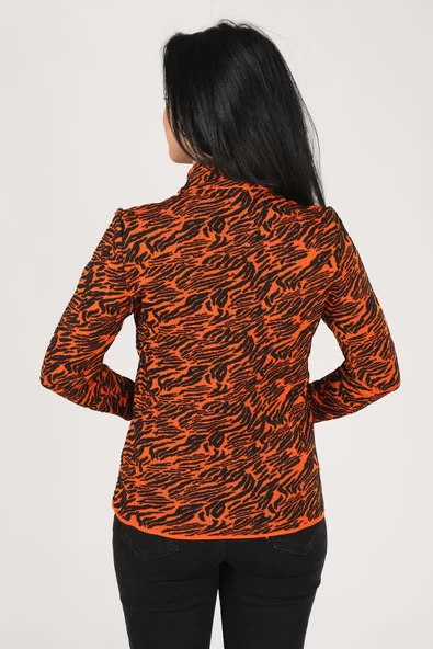 Kadın Dik Yaka Zebra Desen Kazak Turuncu - 5