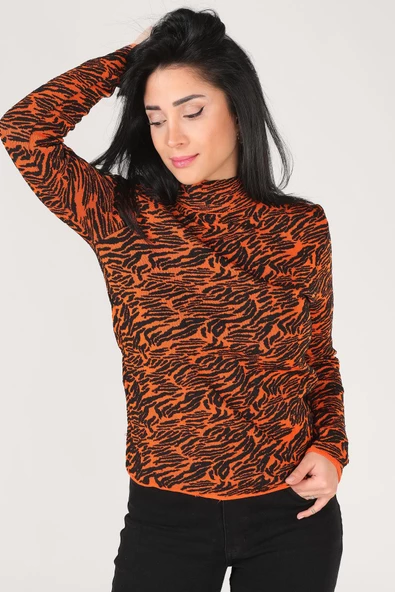 Kadın Dik Yaka Zebra Desen Kazak Turuncu - 4