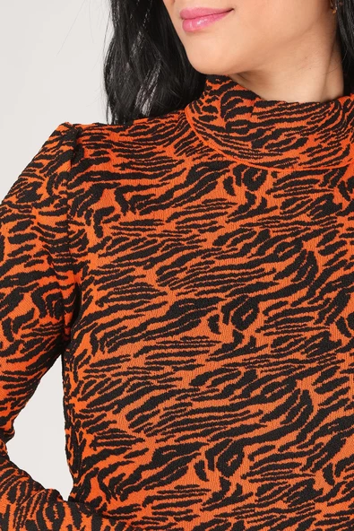 Kadın Dik Yaka Zebra Desen Kazak Turuncu - 6