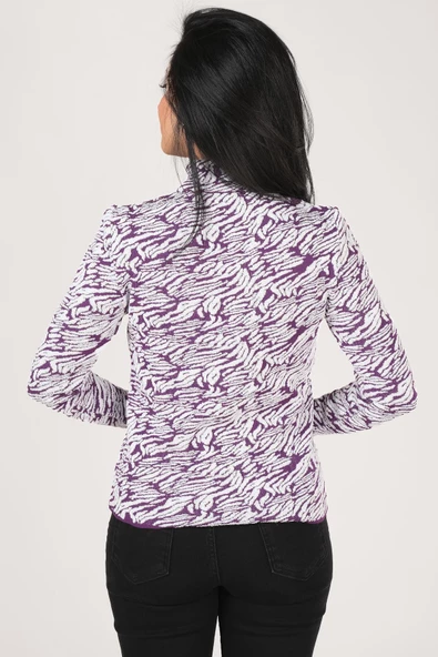 Kadın Dik Yaka Zebra Desen Kazak Mor - Resim 5
