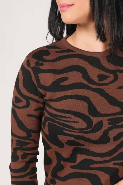 Kadın Sıfır Yaka Desenli Kazak Kahverengi - 6