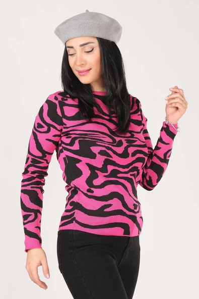 Kadın Sıfır Yaka Desenli Kazak Fuşya - 4