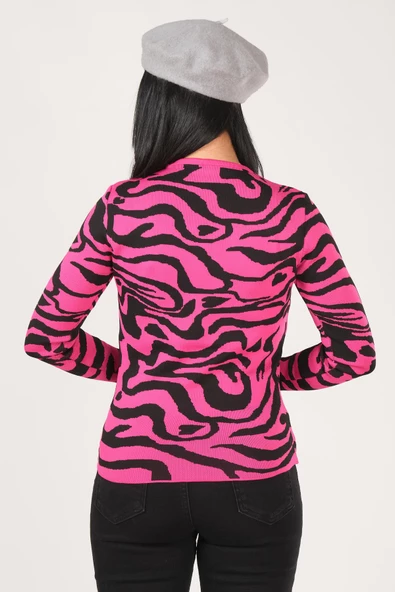 Kadın Sıfır Yaka Desenli Kazak Fuşya - 5