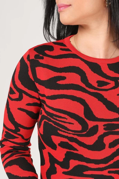 Kadın Sıfır Yaka Desenli Kazak Kırmızı - 6