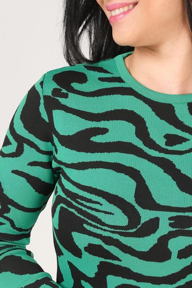 Kadın Sıfır Yaka Desenli Kazak Yeşil - Resim 6